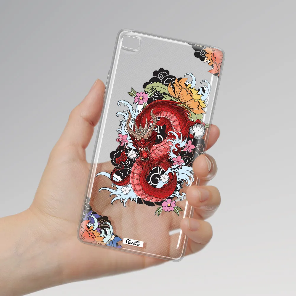 a red dragon with flowers and clouds Huawei P8 Clear TPU Case