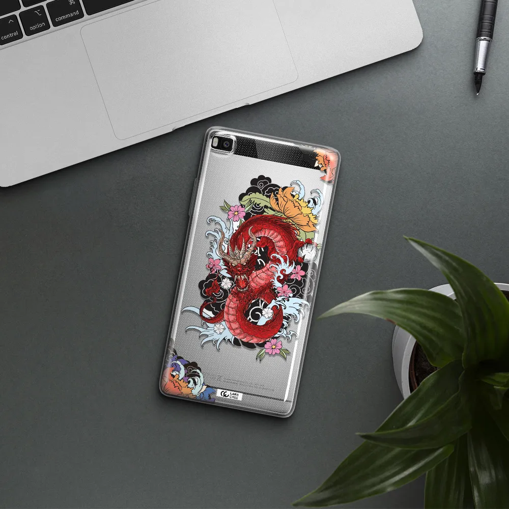 a red dragon with flowers and clouds Huawei P8 Clear TPU Case