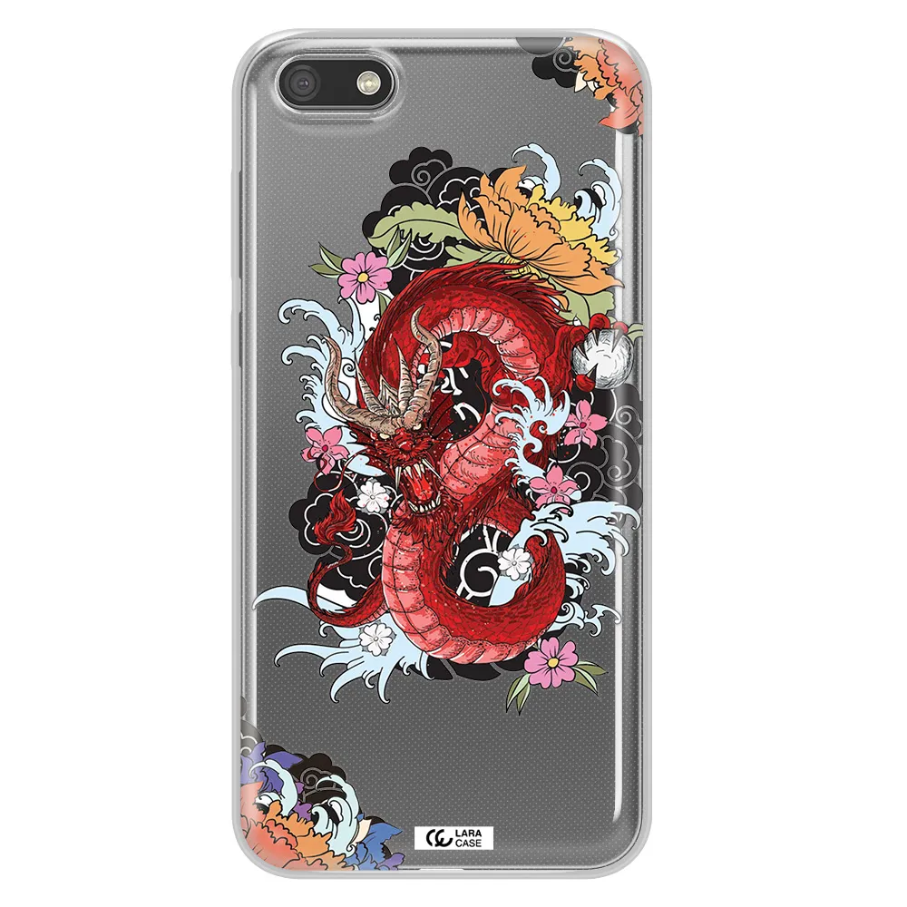 a red dragon with flowers and clouds Huawei Y5 2018 Clear TPU Case