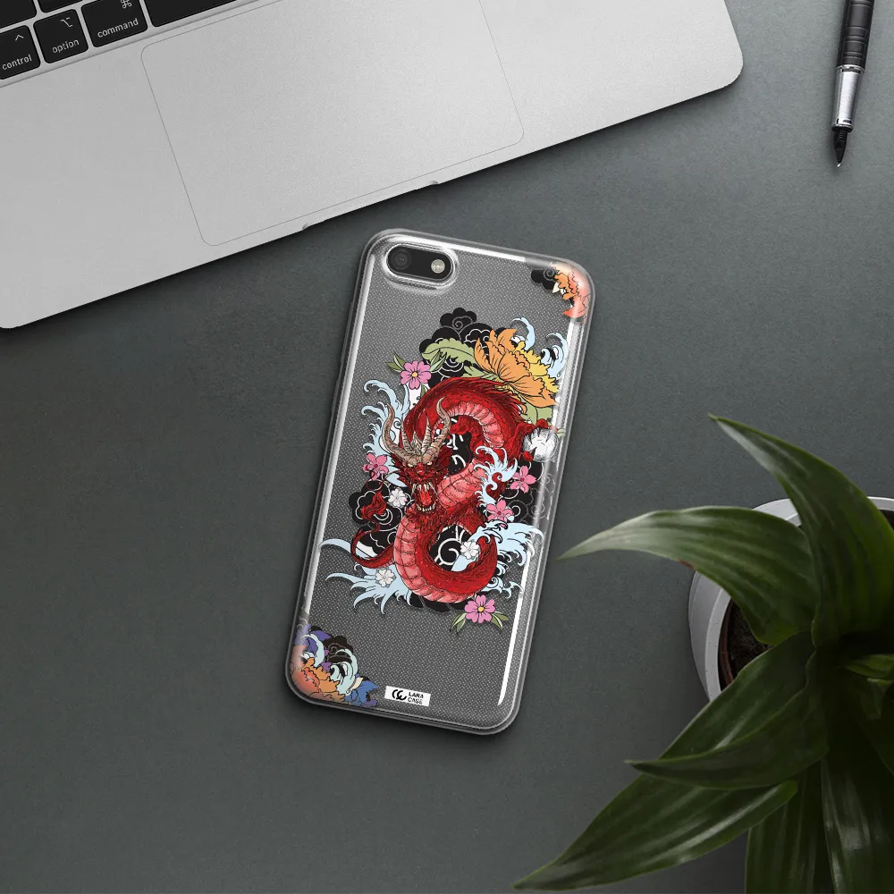 a red dragon with flowers and clouds Huawei Y5 2018 Clear TPU Case
