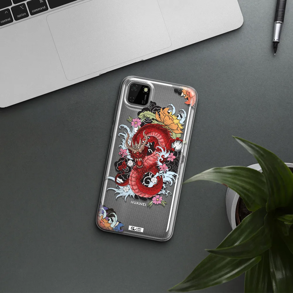 a red dragon with flowers and clouds Huawei Y5P Clear TPU Case
