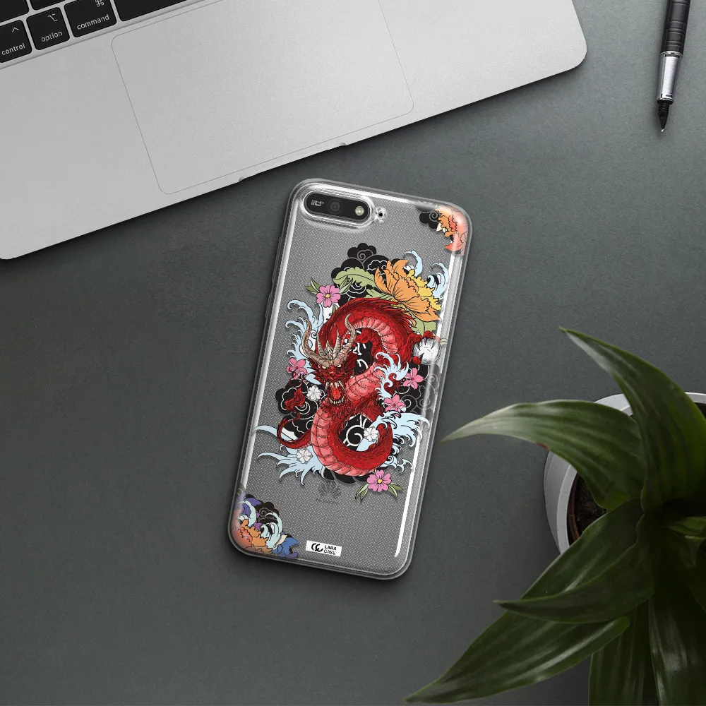 a red dragon with flowers and clouds Huawei Y6 2018 Clear TPU Case