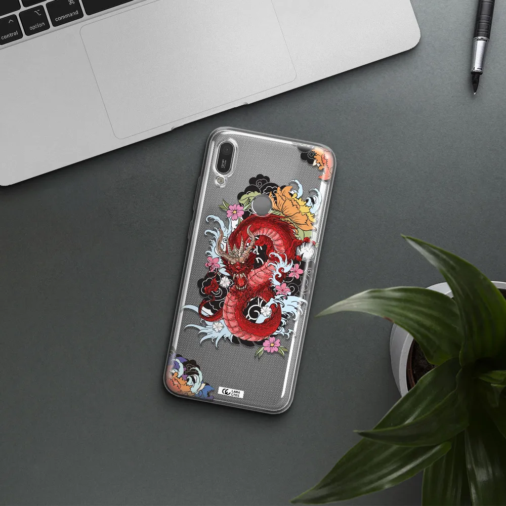 a red dragon with flowers and clouds Huawei Y6 2019 Clear TPU Case
