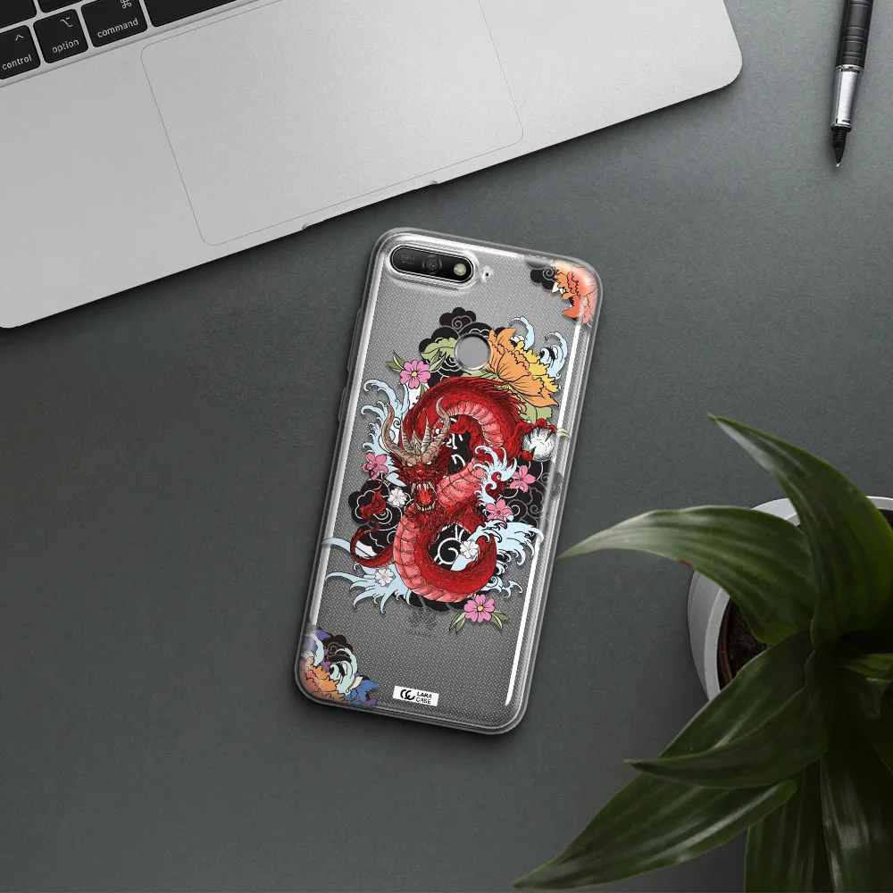 a red dragon with flowers and clouds Huawei Y6 Prime 2018 Clear TPU Case