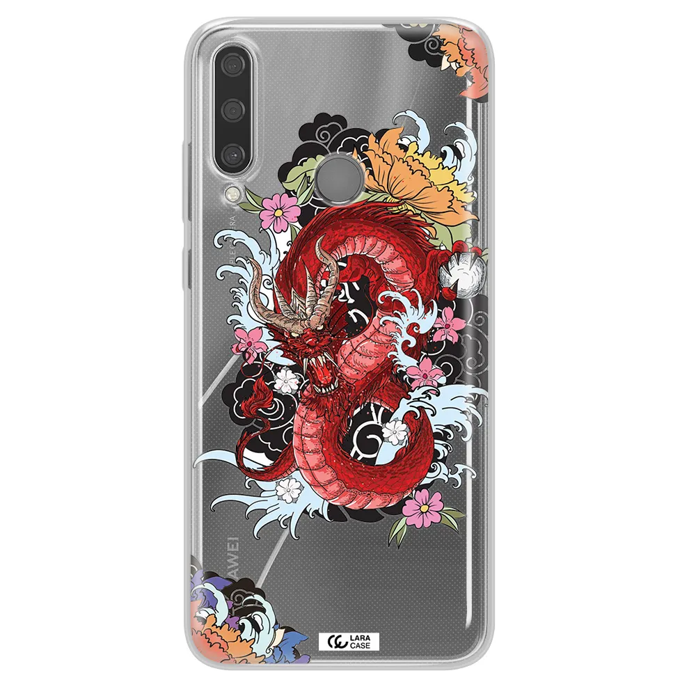 a red dragon with flowers and clouds Huawei Y6P Clear TPU Case