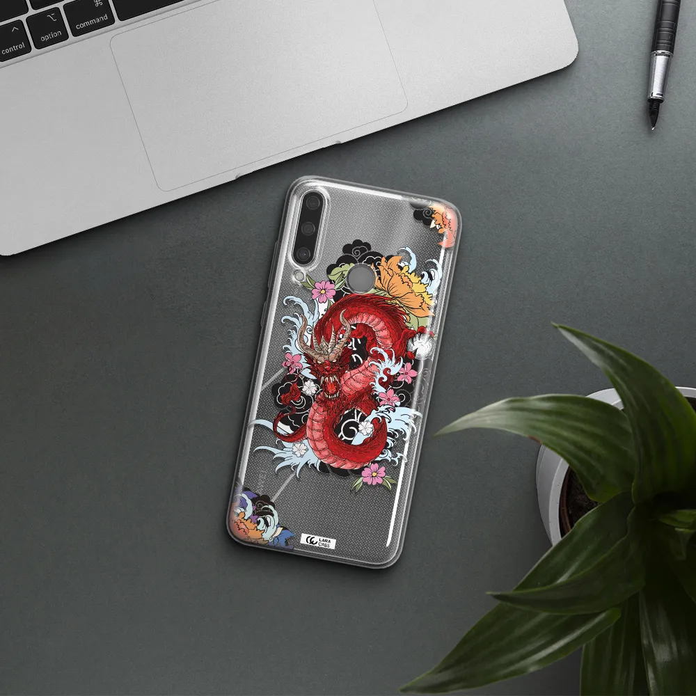 a red dragon with flowers and clouds Huawei Y6P Clear TPU Case