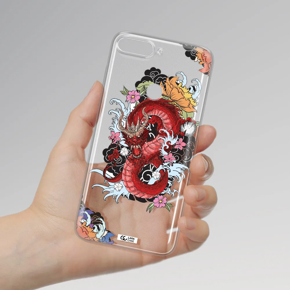 a red dragon with flowers and clouds Huawei Y7 2018 Clear TPU Case