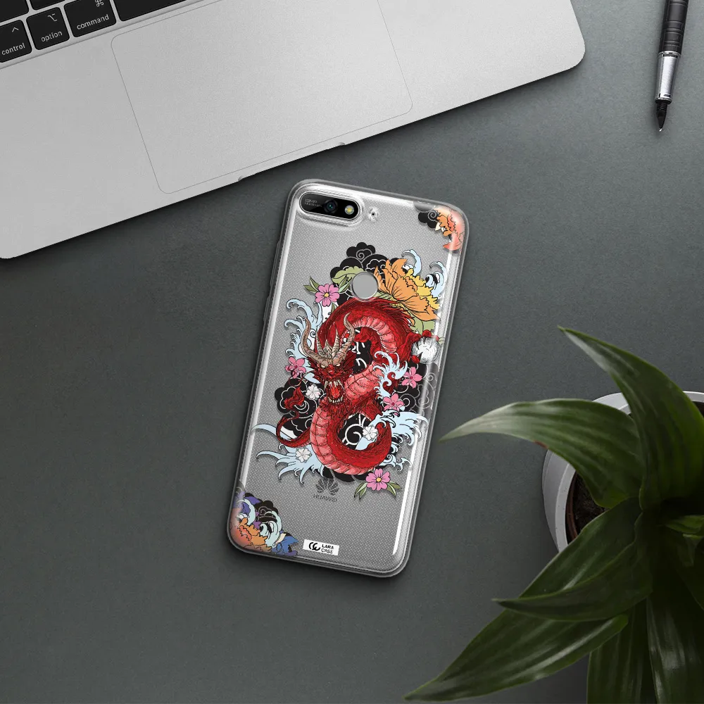 a red dragon with flowers and clouds Huawei Y7 2018 Clear TPU Case
