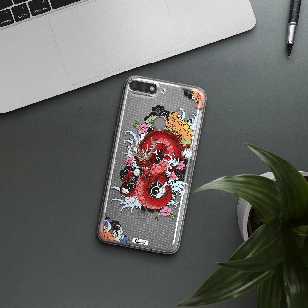 a red dragon with flowers and clouds Huawei Y7 Prime 2018 Clear TPU Case