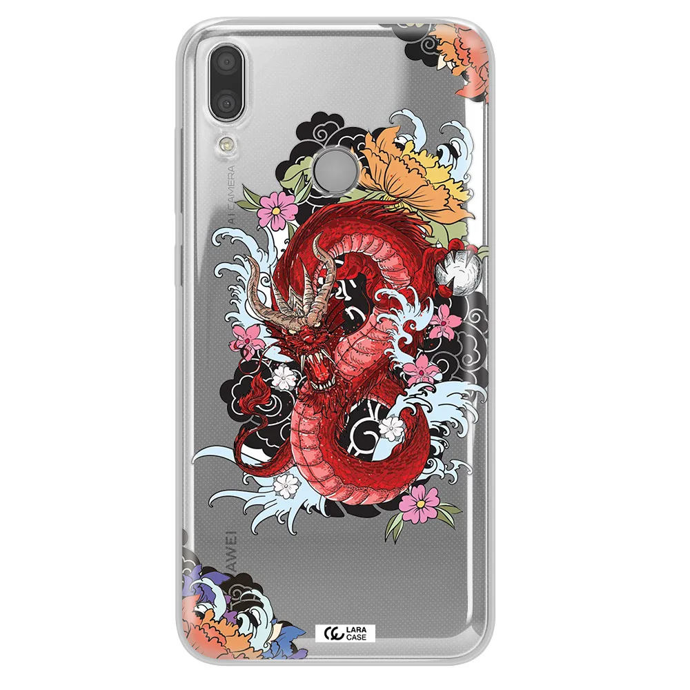 a red dragon with flowers and clouds Huawei Y9 2019 Clear TPU Case