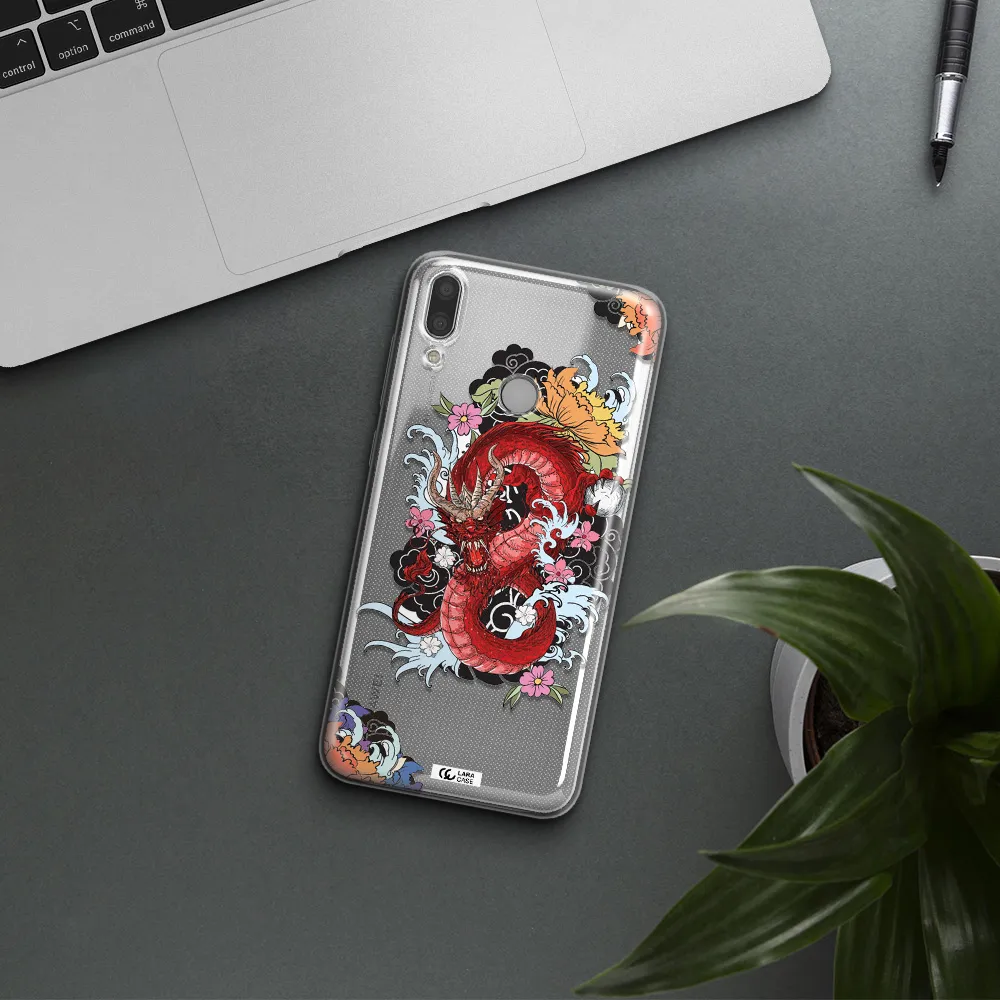 a red dragon with flowers and clouds Huawei Y9 2019 Clear TPU Case