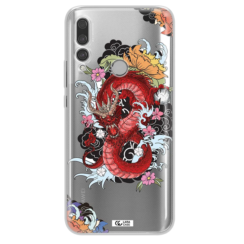 a red dragon with flowers and clouds Huawei Y9 Prime 2019 Clear TPU Case