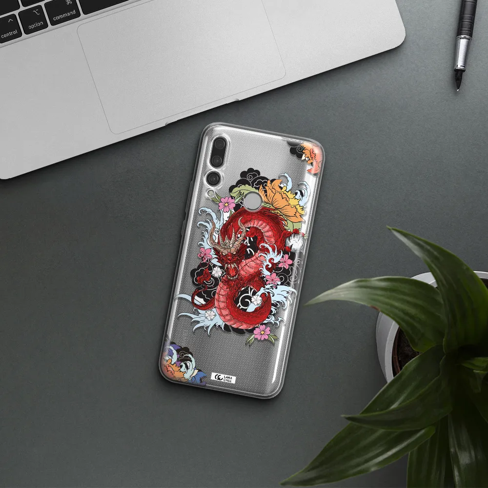 a red dragon with flowers and clouds Huawei Y9 Prime 2019 Clear TPU Case