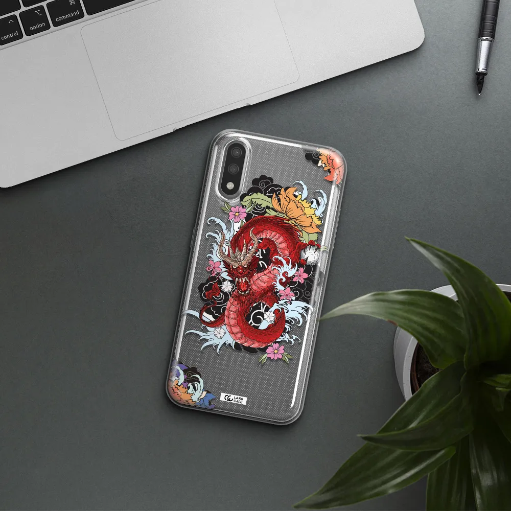a red dragon with flowers and clouds Samsung A01 Clear TPU Case