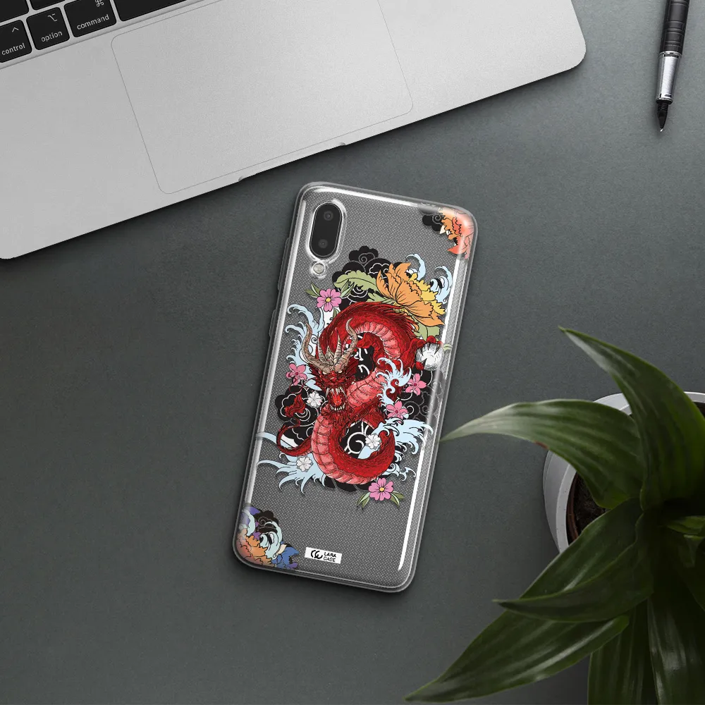 a red dragon with flowers and clouds Samsung A02 Clear TPU Case
