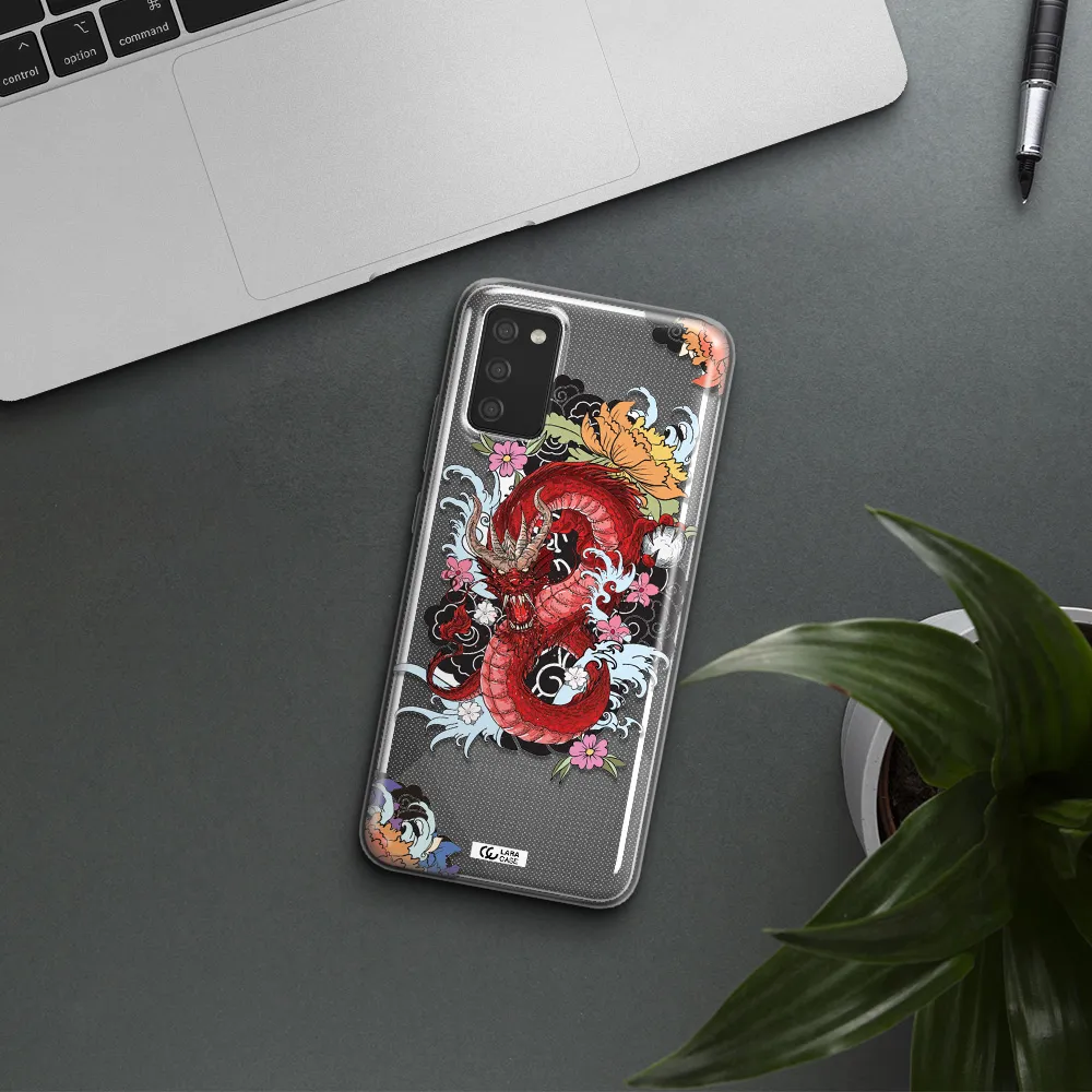 a red dragon with flowers and clouds Samsung A02S Clear TPU Case