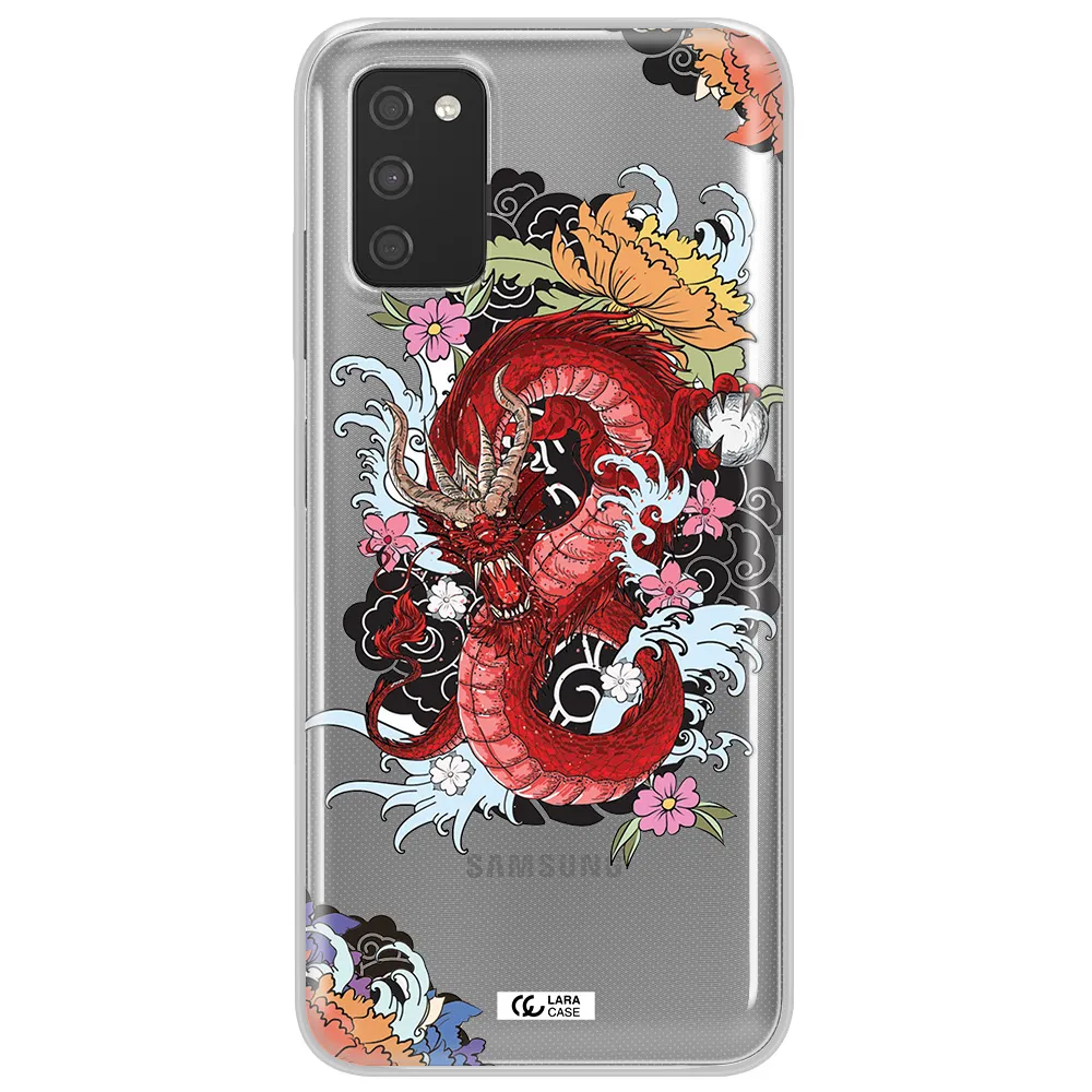 a red dragon with flowers and clouds Samsung A03S Clear TPU Case