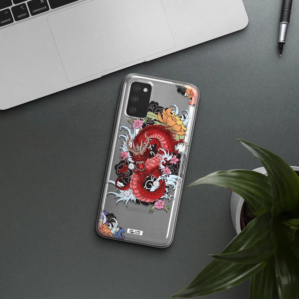 a red dragon with flowers and clouds Samsung A03S Clear TPU Case