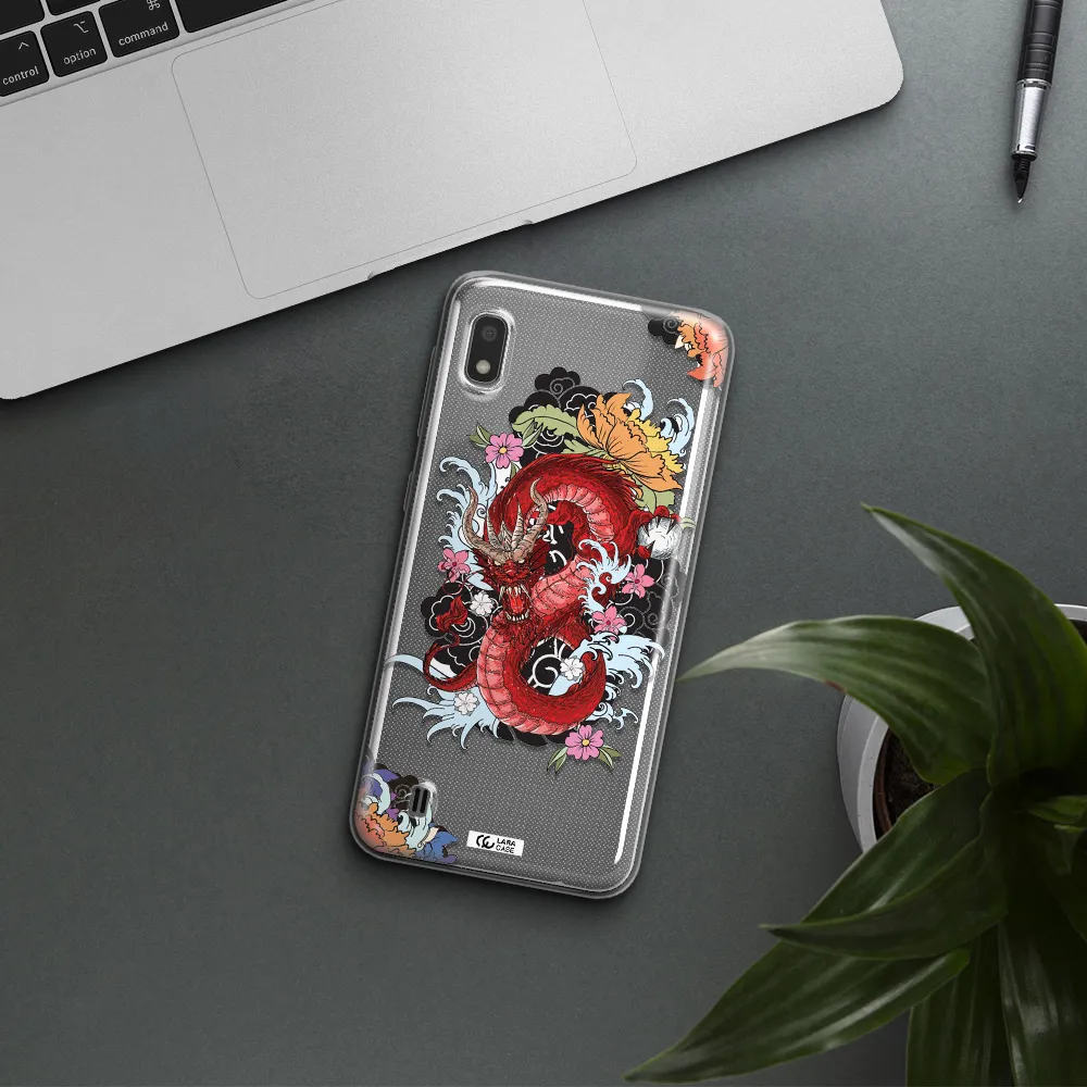 a red dragon with flowers and clouds Samsung A10 Clear TPU Case