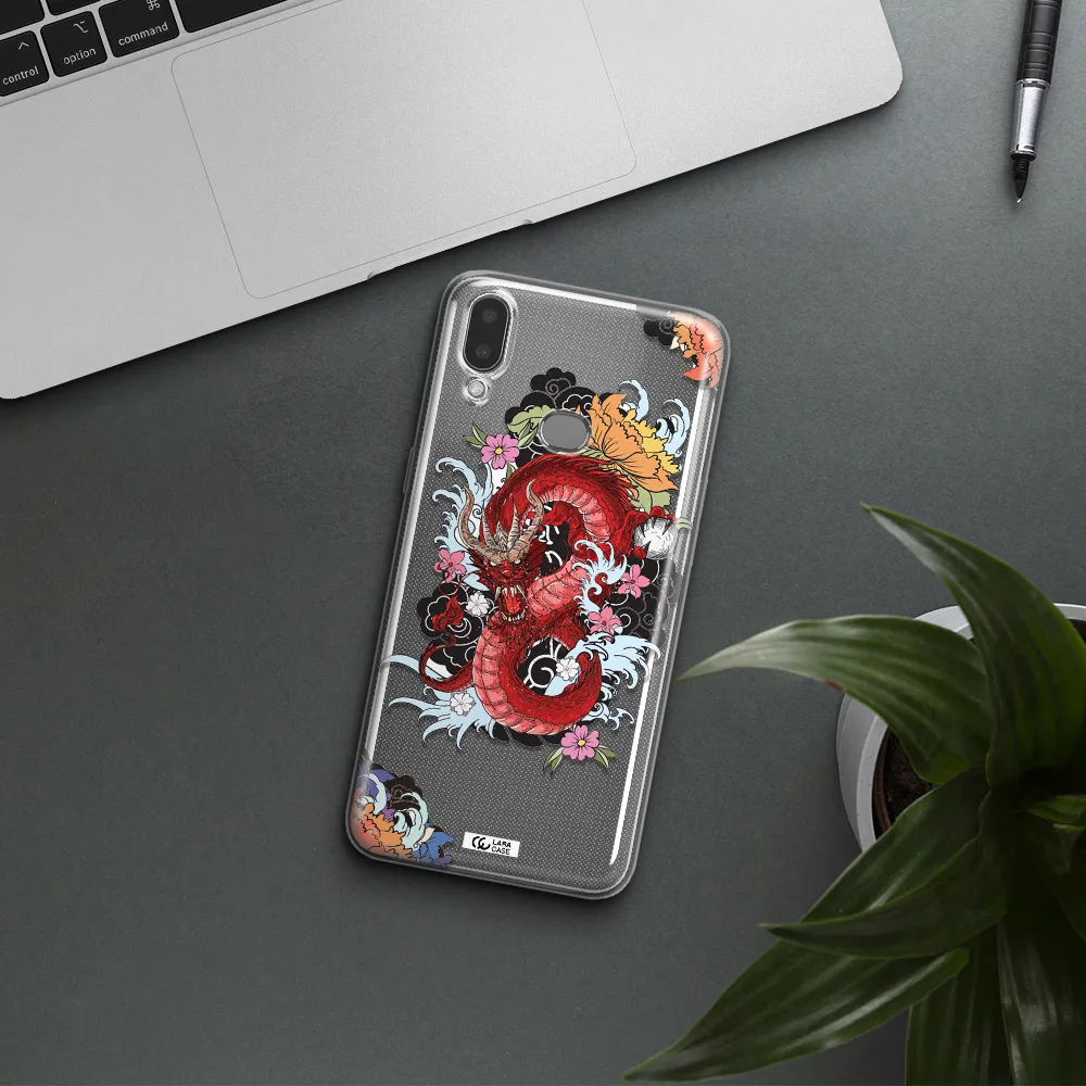 a red dragon with flowers and clouds Samsung A10S Clear TPU Case