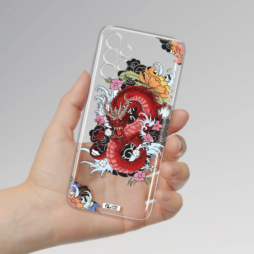 a red dragon with flowers and clouds Samsung A13 Clear TPU Case