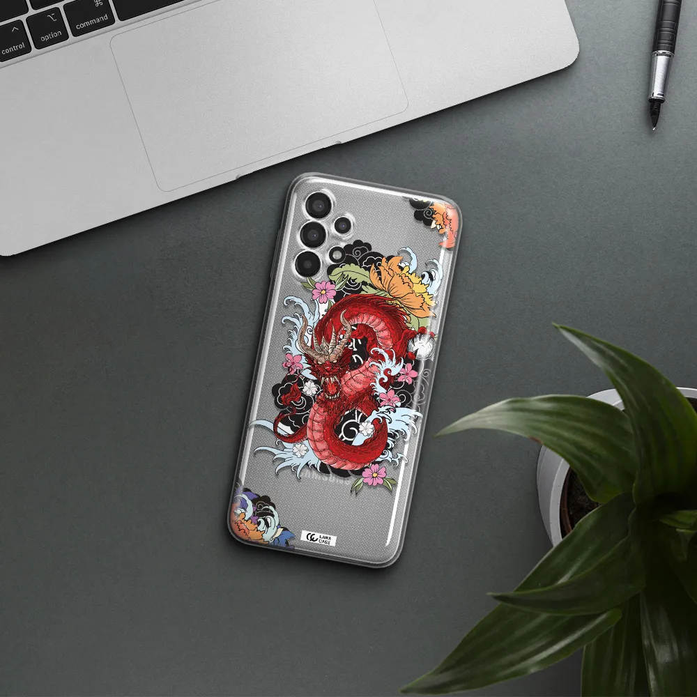 a red dragon with flowers and clouds Samsung A13 Clear TPU Case
