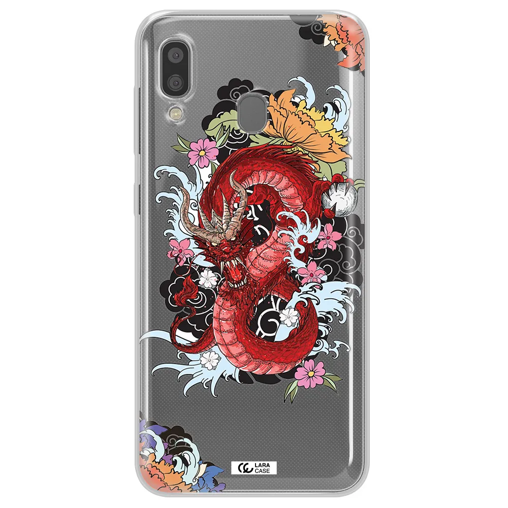 a red dragon with flowers and clouds Samsung A20 Clear TPU Case