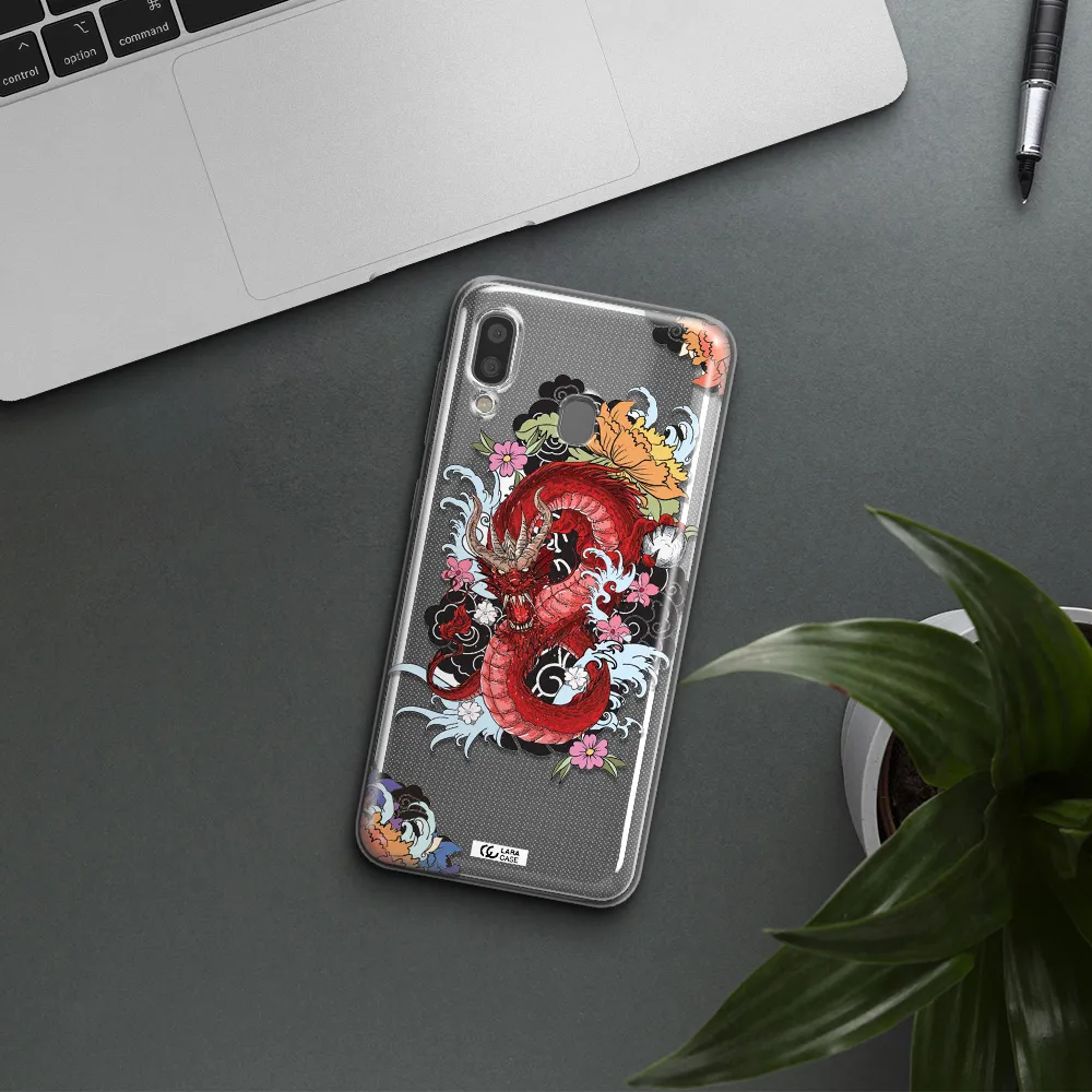 a red dragon with flowers and clouds Samsung A20 Clear TPU Case