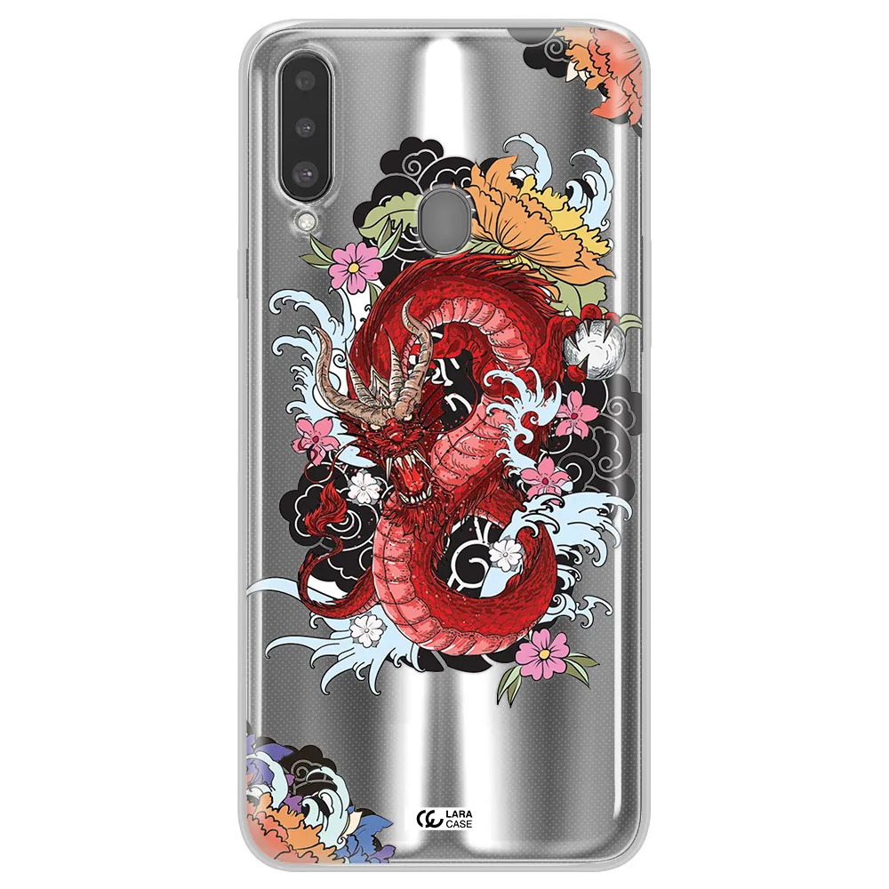 a red dragon with flowers and clouds Samsung A20S Clear TPU Case