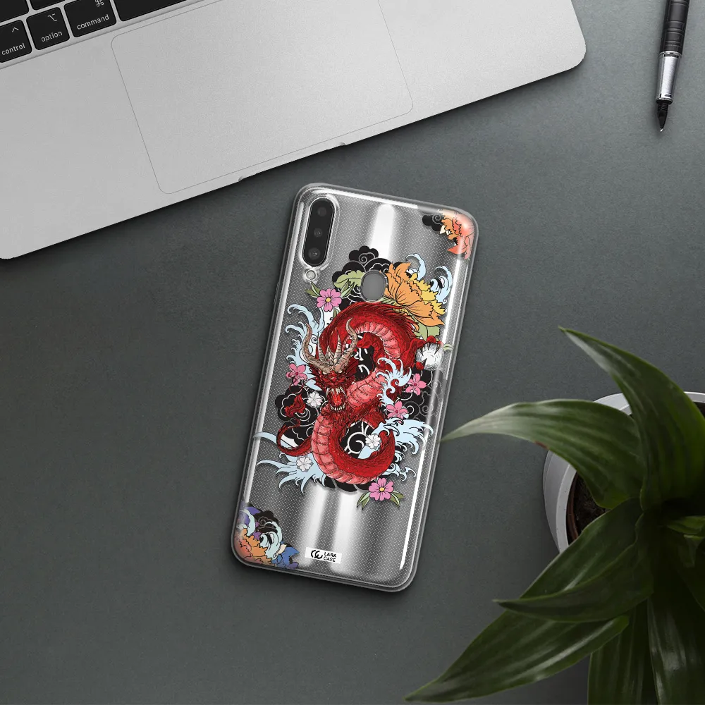 a red dragon with flowers and clouds Samsung A20S Clear TPU Case