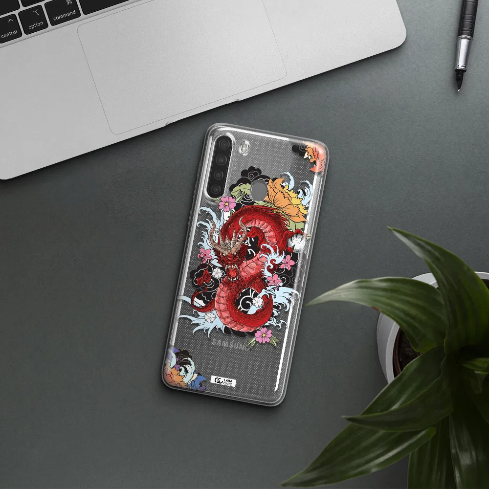 a red dragon with flowers and clouds Samsung A21 Clear TPU Case