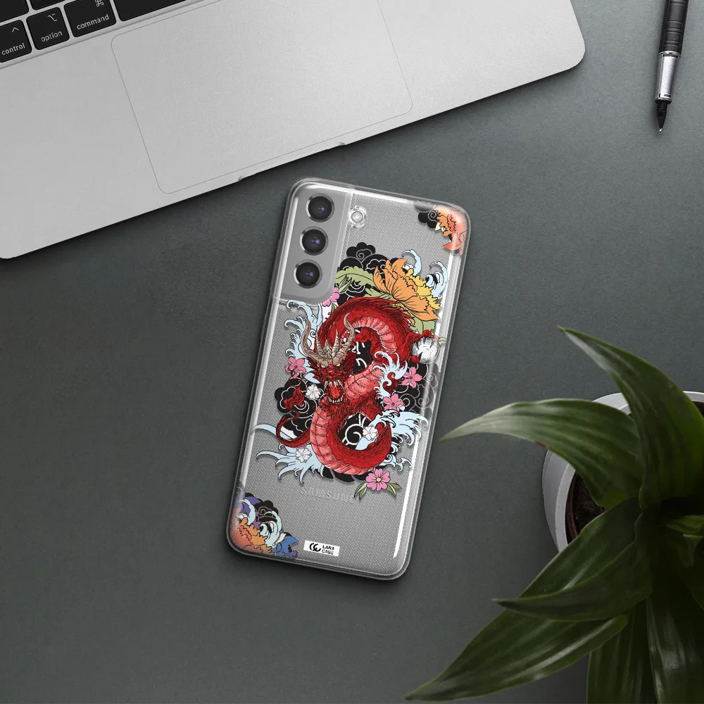 a red dragon with flowers and clouds Samsung A21 Fe Clear TPU Case