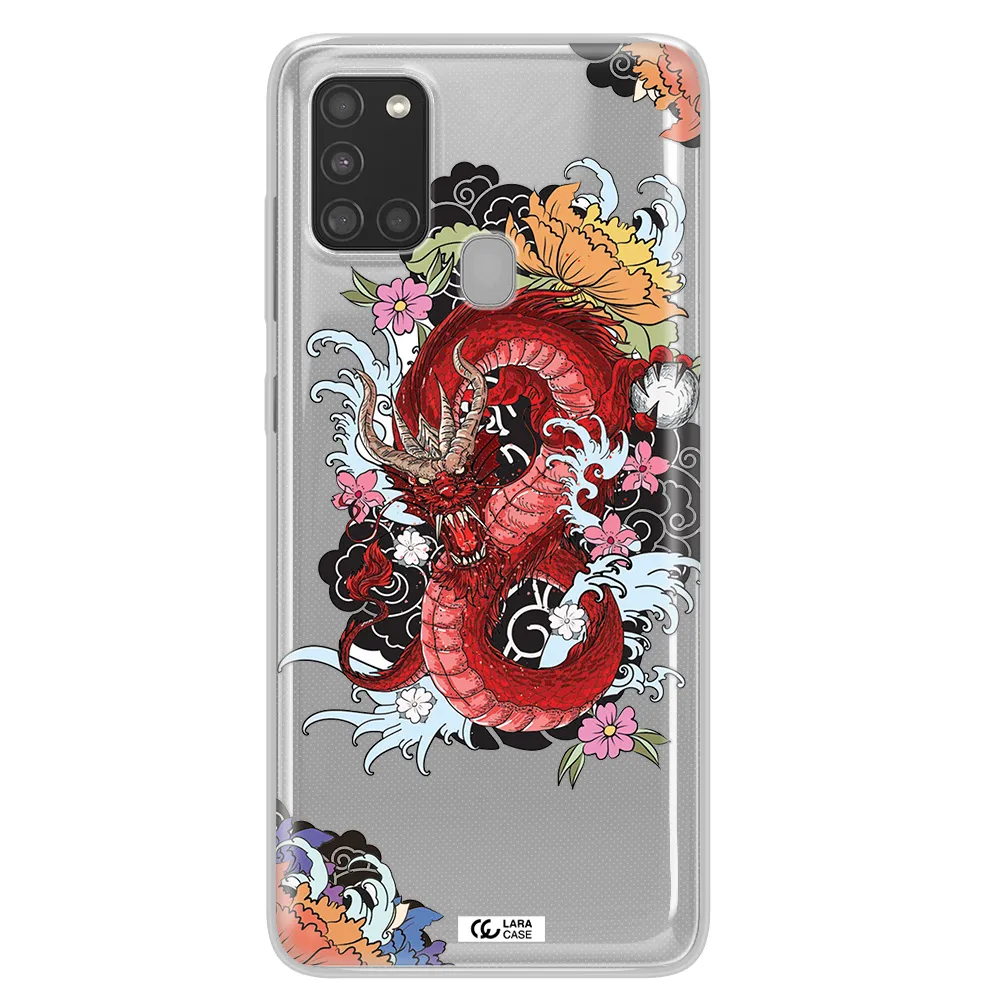 a red dragon with flowers and clouds Samsung A21S Clear TPU Case