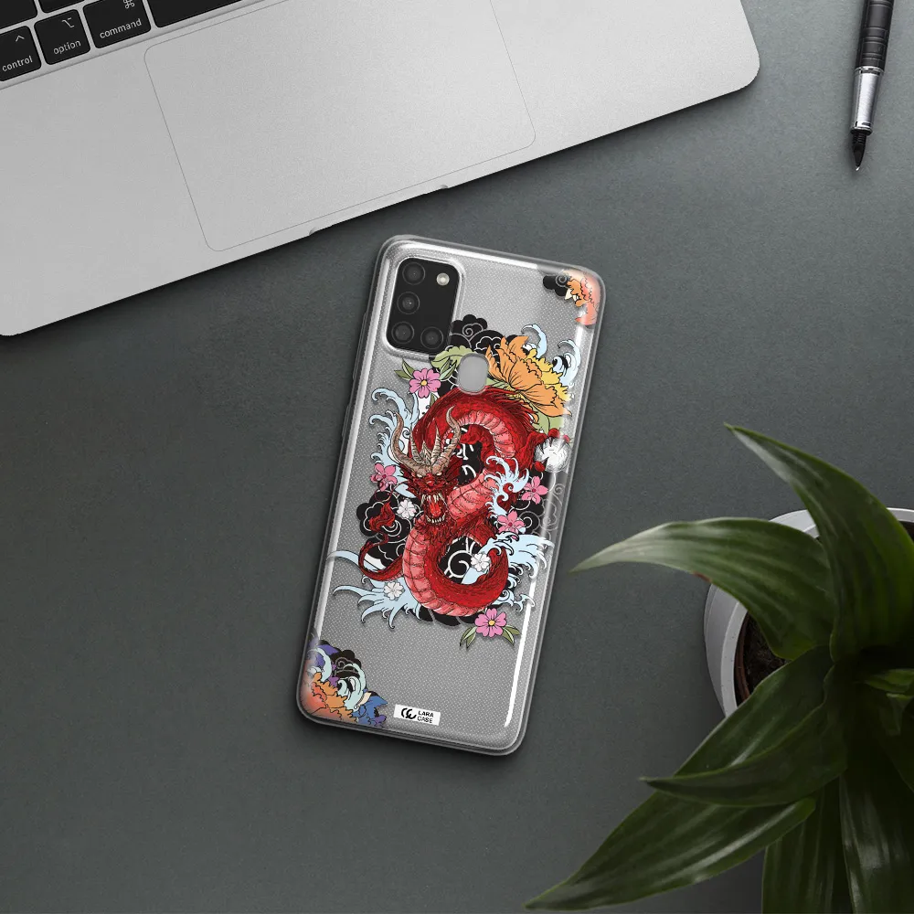 a red dragon with flowers and clouds Samsung A21S Clear TPU Case