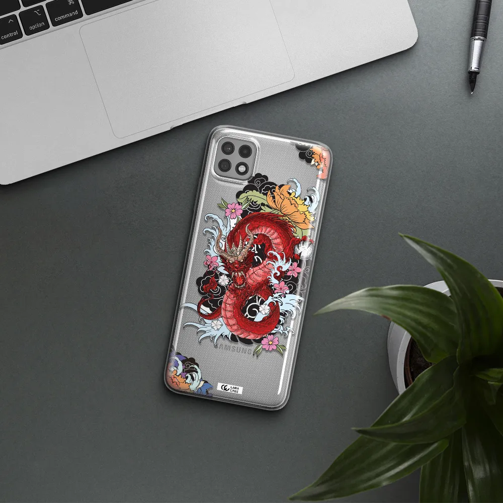 a red dragon with flowers and clouds Samsung A22 5g Clear TPU Case