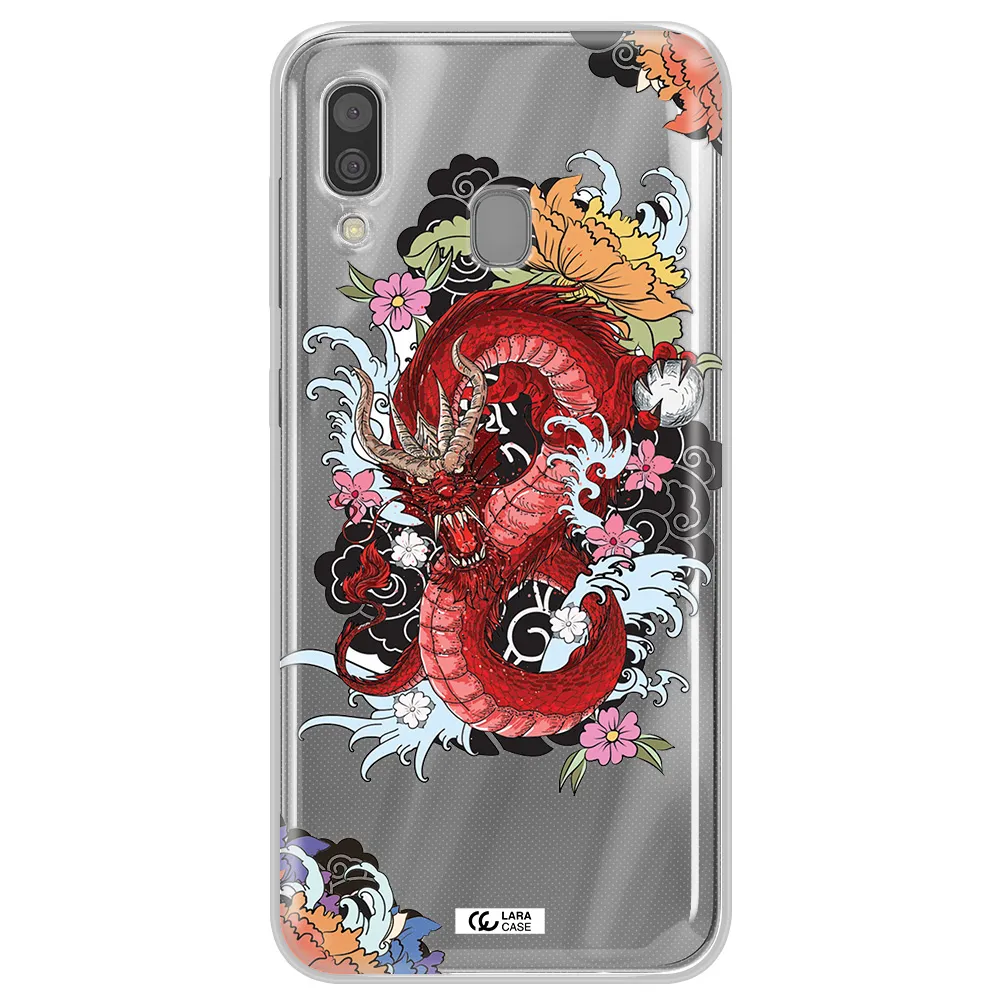 a red dragon with flowers and clouds Samsung A30 Clear TPU Case