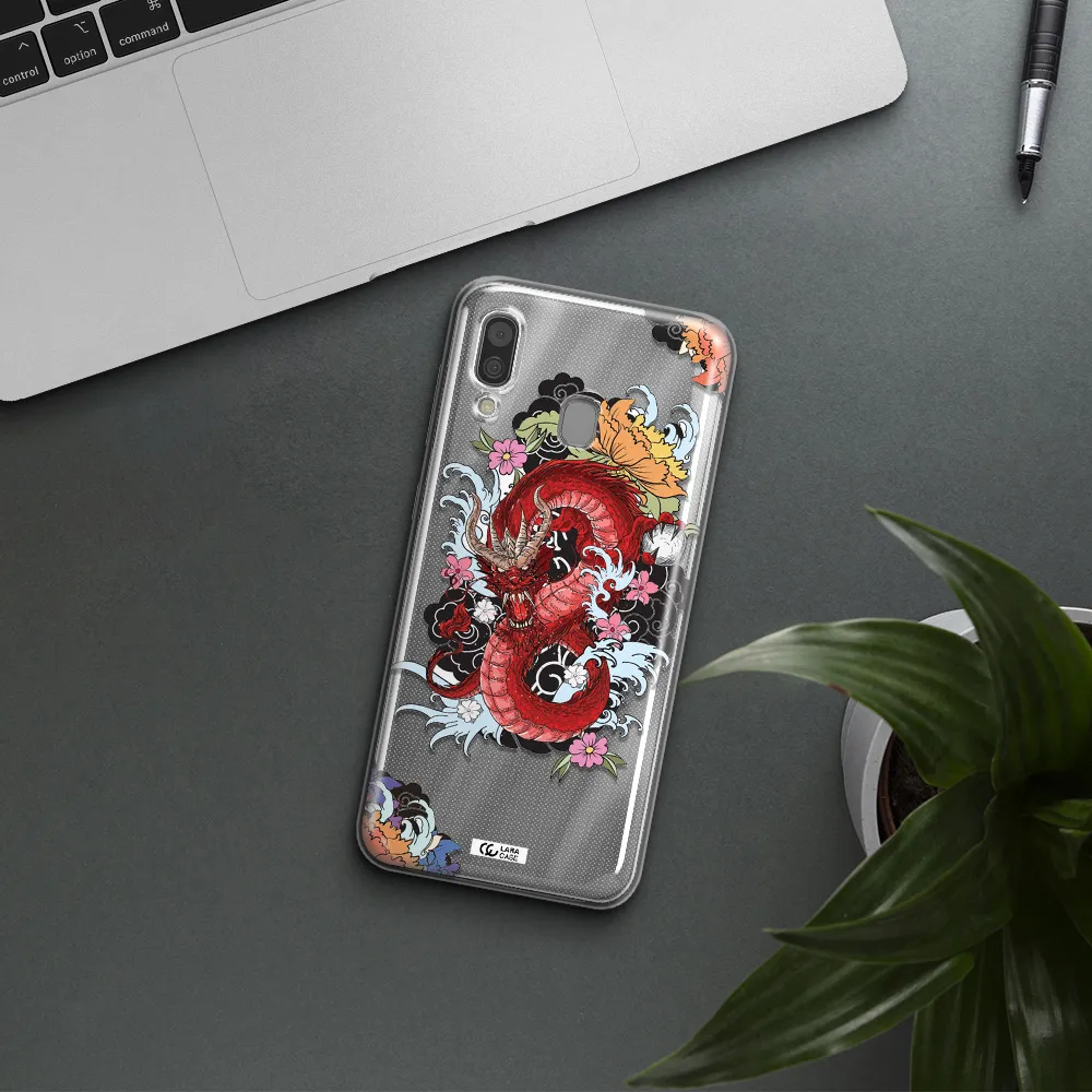 a red dragon with flowers and clouds Samsung A30 Clear TPU Case