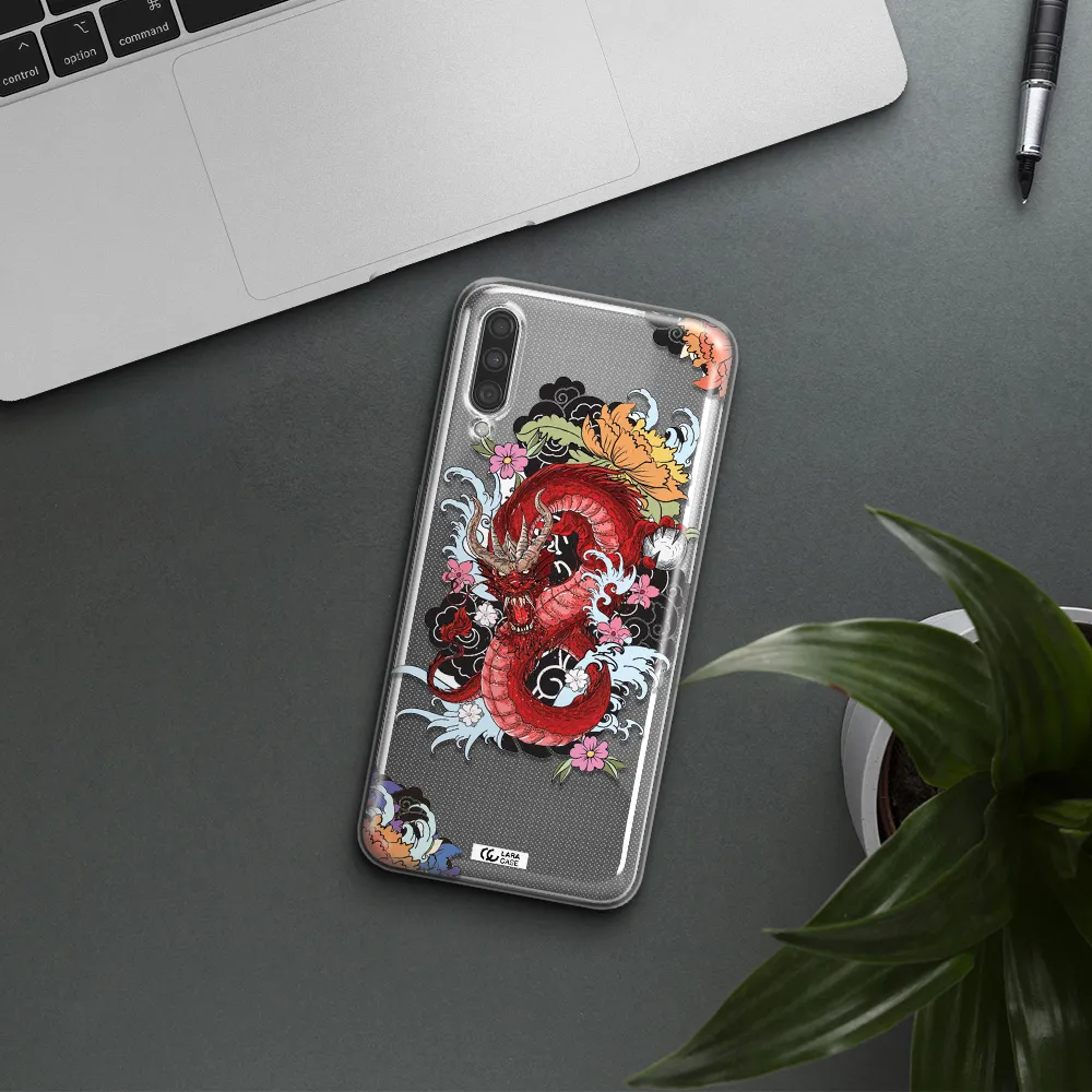 a red dragon with flowers and clouds Samsung A30S Clear TPU Case
