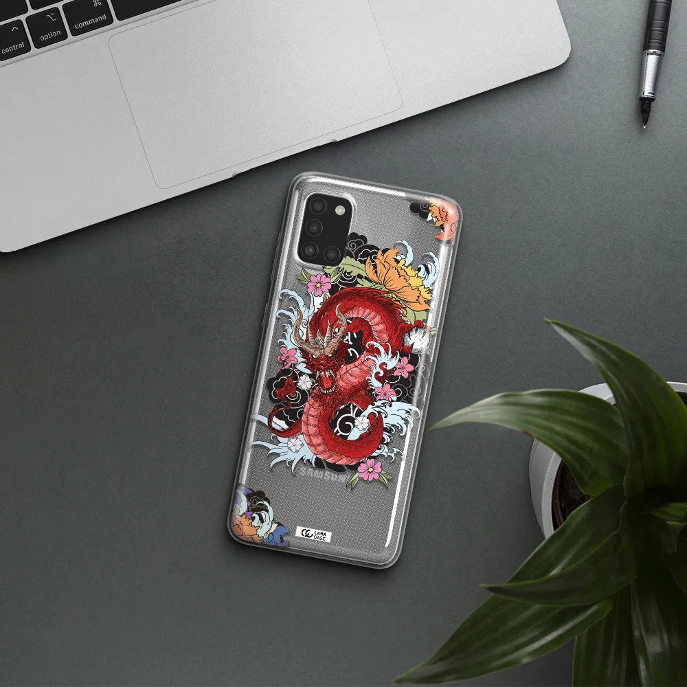 a red dragon with flowers and clouds Samsung A31 Clear TPU Case