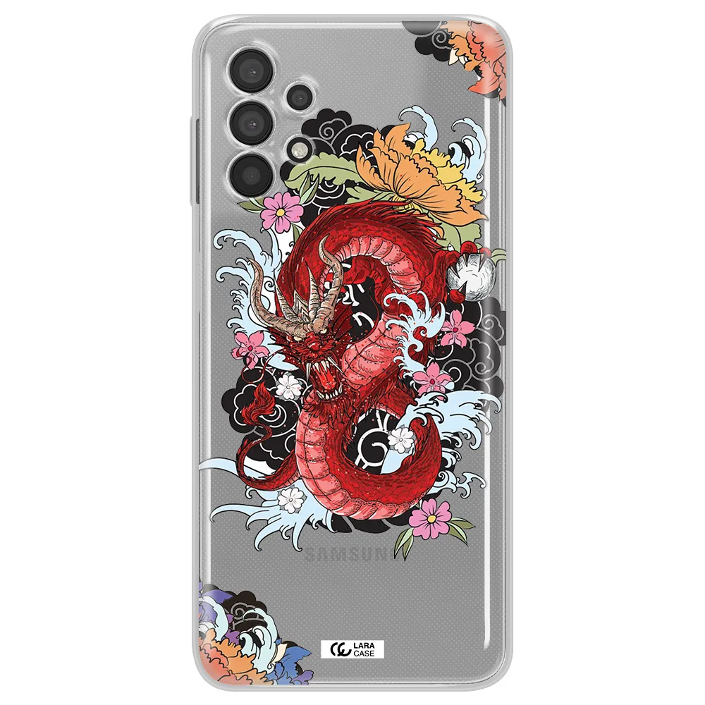 a red dragon with flowers and clouds Samsung A32 Clear TPU Case