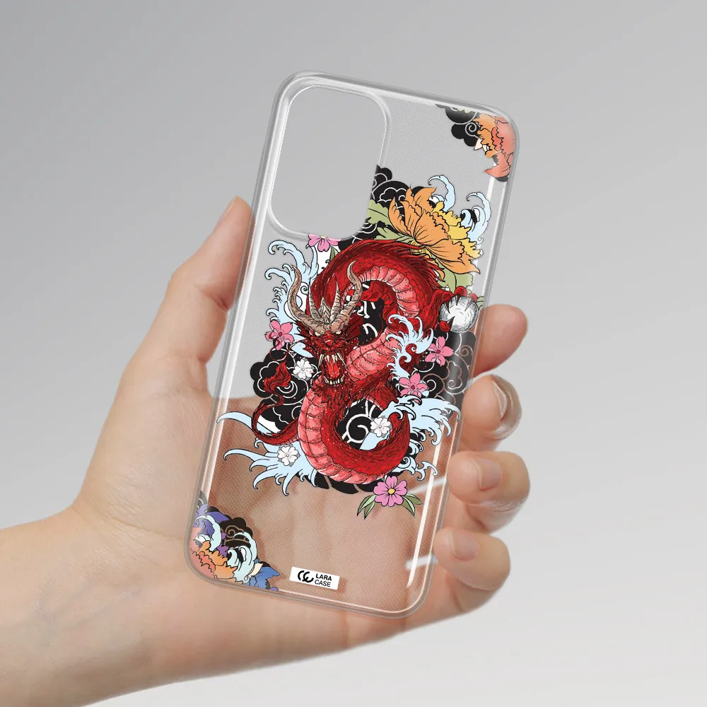 a red dragon with flowers and clouds Samsung A33 Clear TPU Case