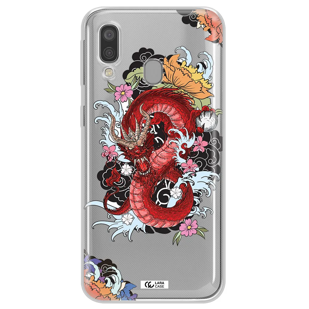 a red dragon with flowers and clouds Samsung A40 Clear TPU Case