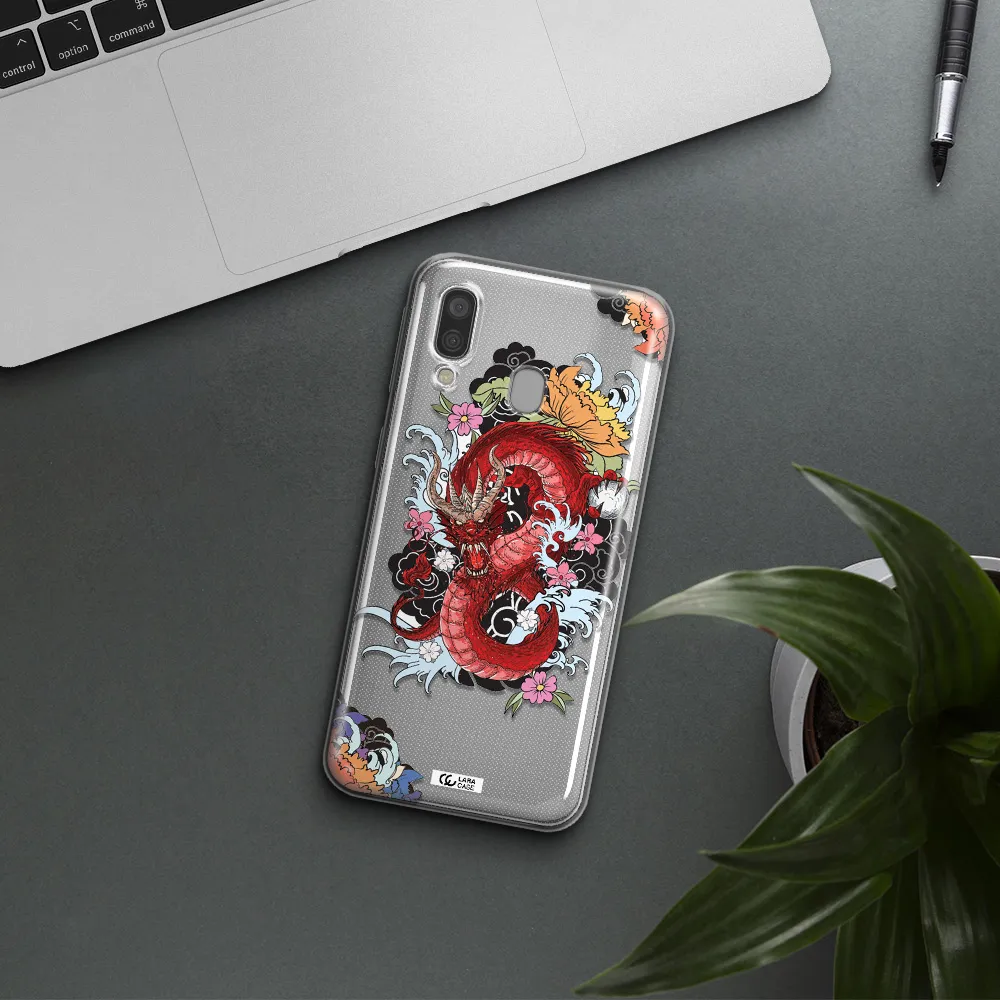 a red dragon with flowers and clouds Samsung A40 Clear TPU Case