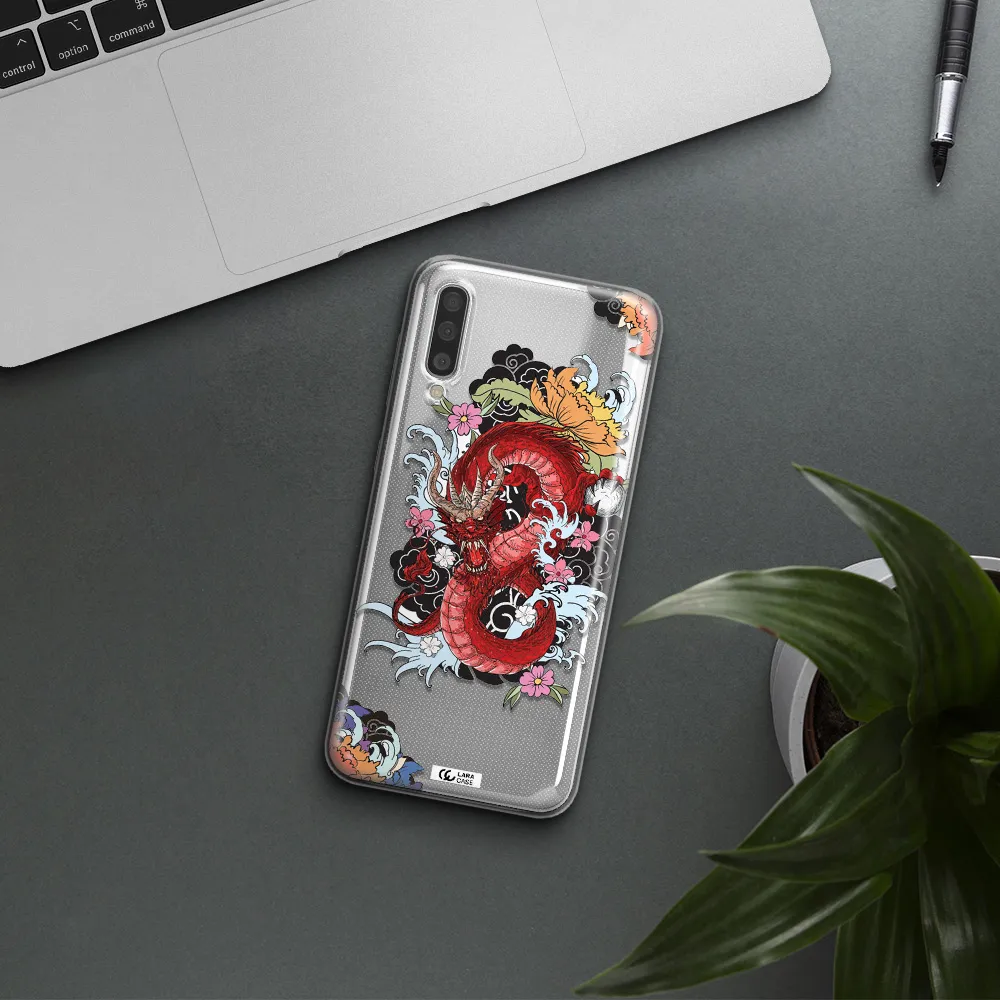 a red dragon with flowers and clouds Samsung A50 Clear TPU Case