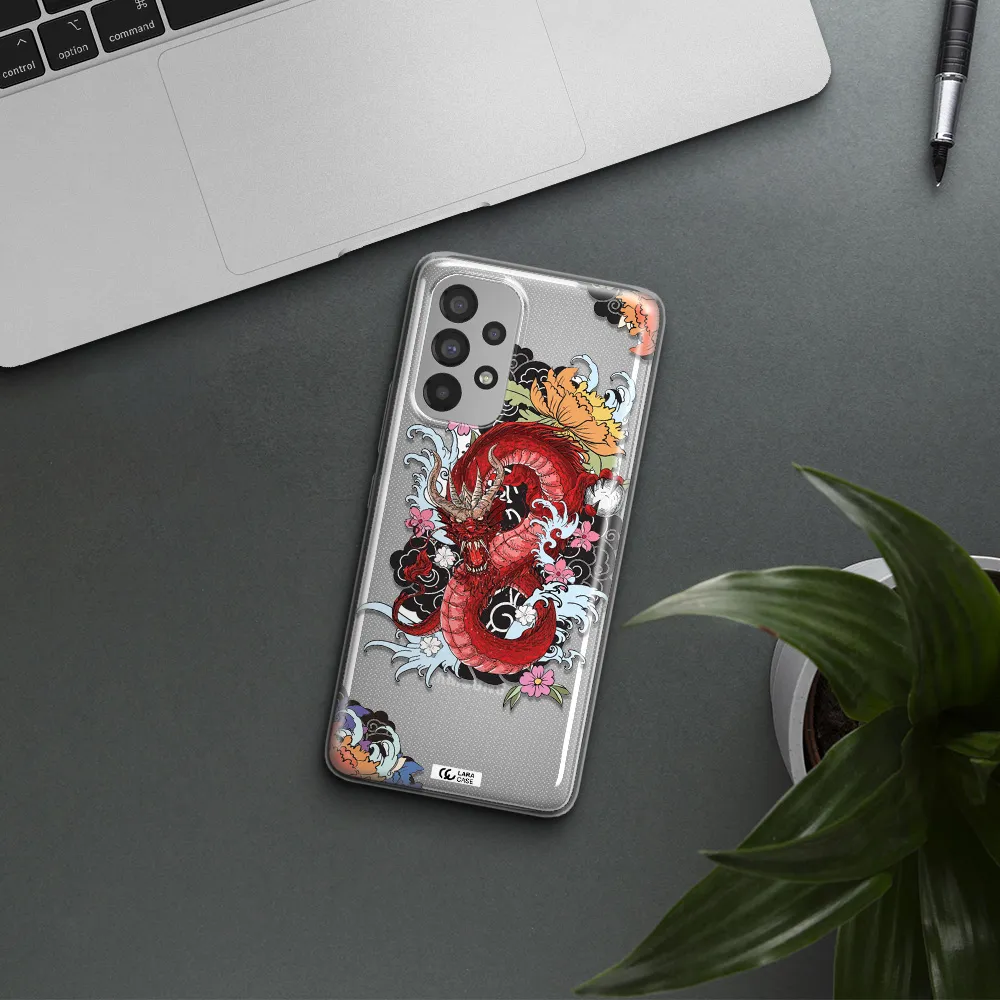 a red dragon with flowers and clouds Samsung A53 Clear TPU Case