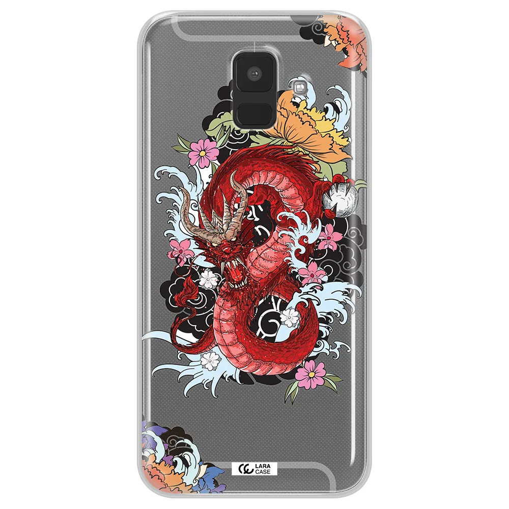 a red dragon with flowers and clouds Samsung A6 Clear TPU Case