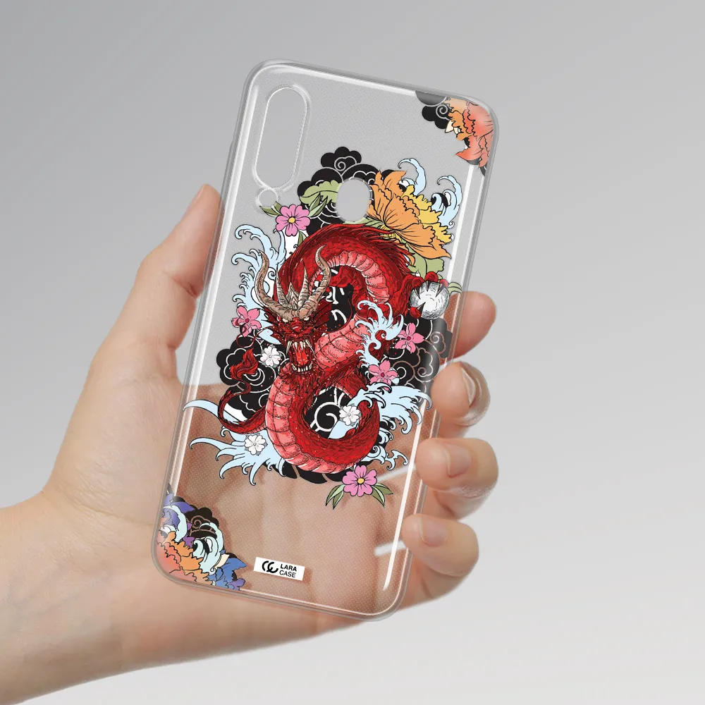 a red dragon with flowers and clouds Samsung A60 Clear TPU Case