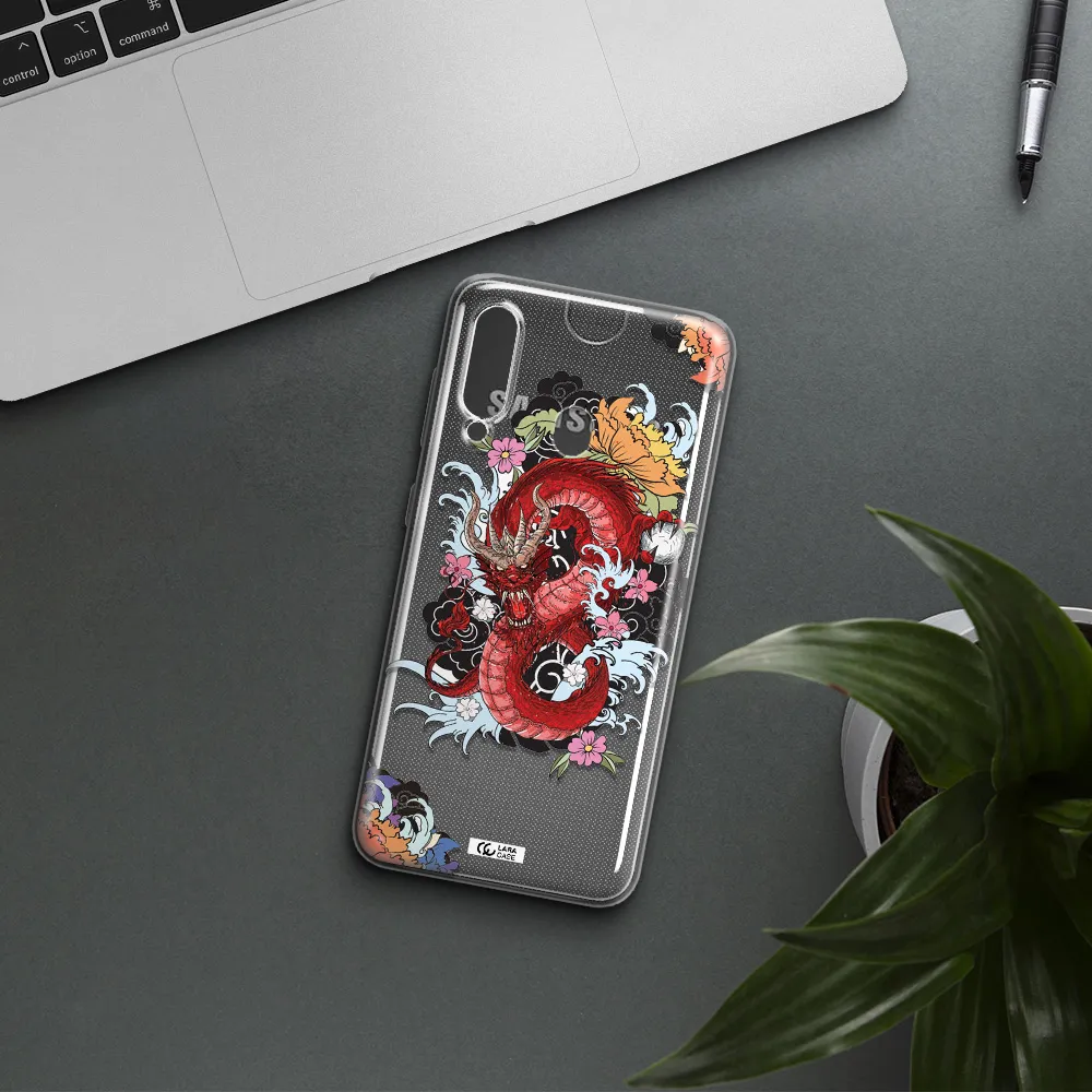 a red dragon with flowers and clouds Samsung A60 Clear TPU Case