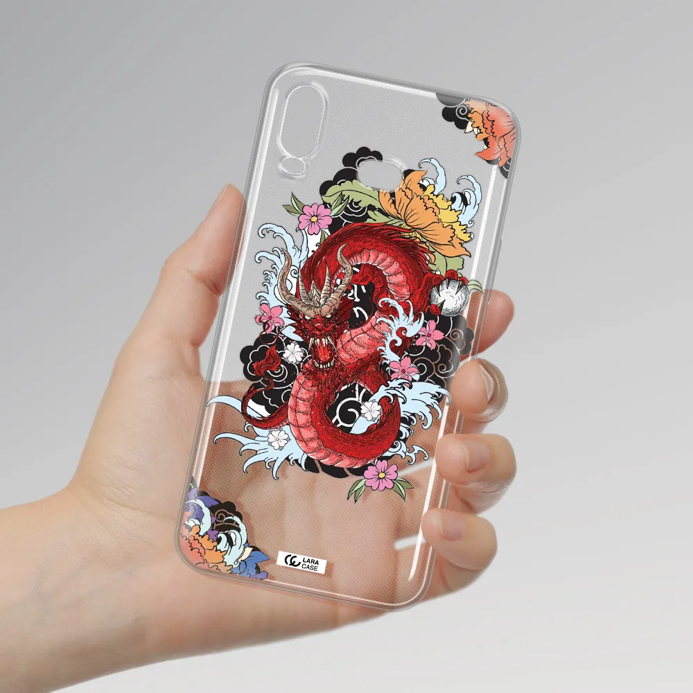 a red dragon with flowers and clouds Samsung A6S Clear TPU Case