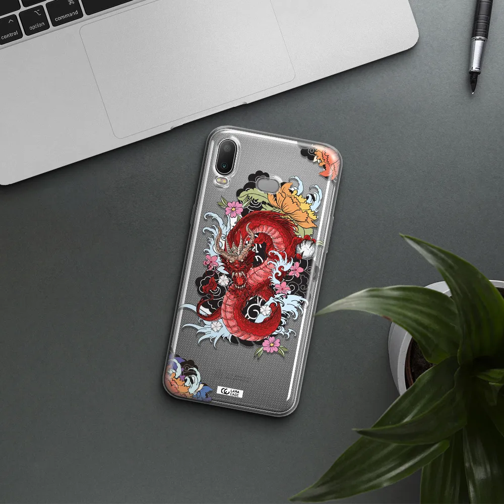 a red dragon with flowers and clouds Samsung A6S Clear TPU Case